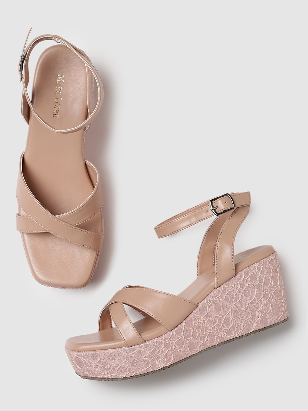 Marc Loire Cross Strap Textured Open Toe Wedges With Ankle Loop
