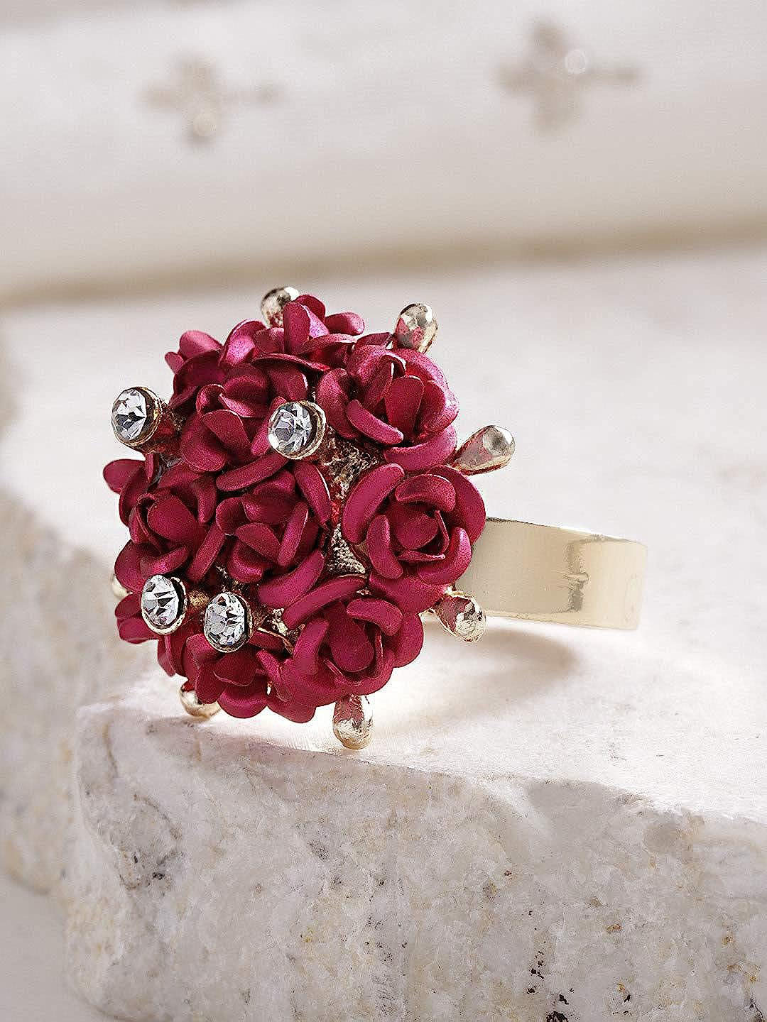YouBella Gold-Plated Stone-Studded Rose Shaped Adjustable Ring