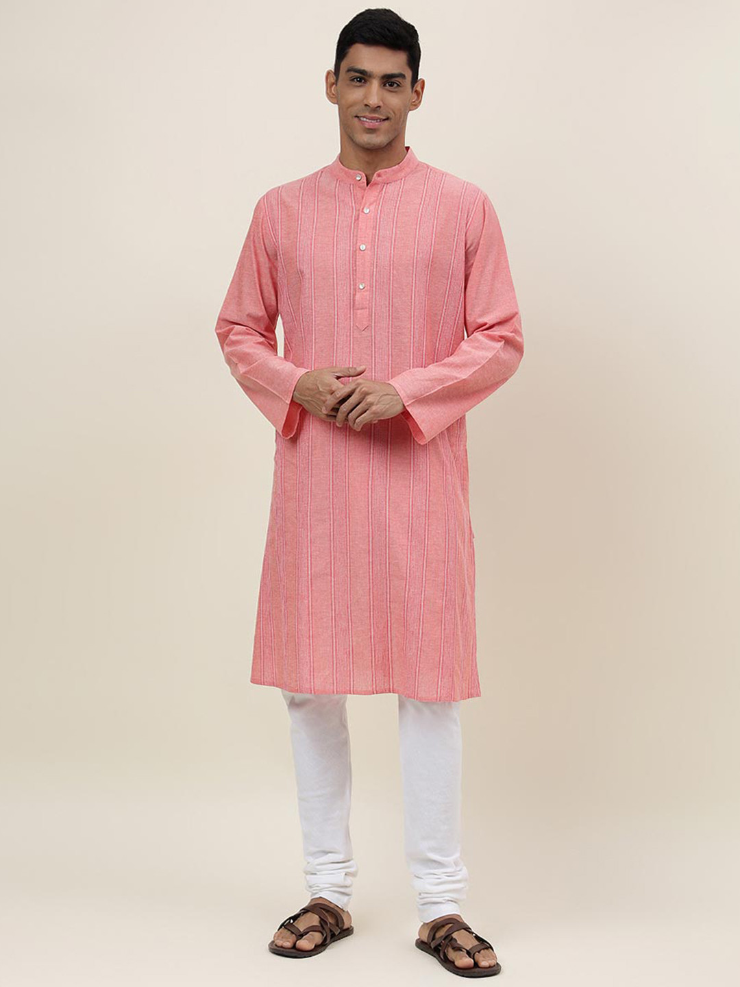Fabindia Striped Band Collar Long Sleeve Straight Kurta