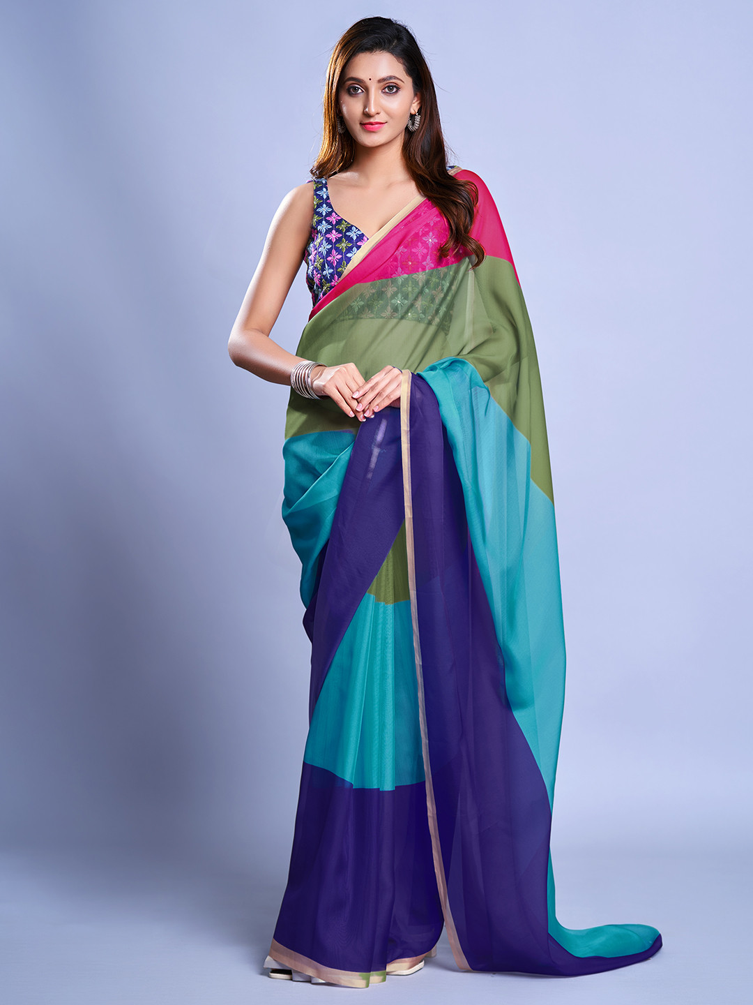 Mitera Blue & Green Colourblocked Organza Saree