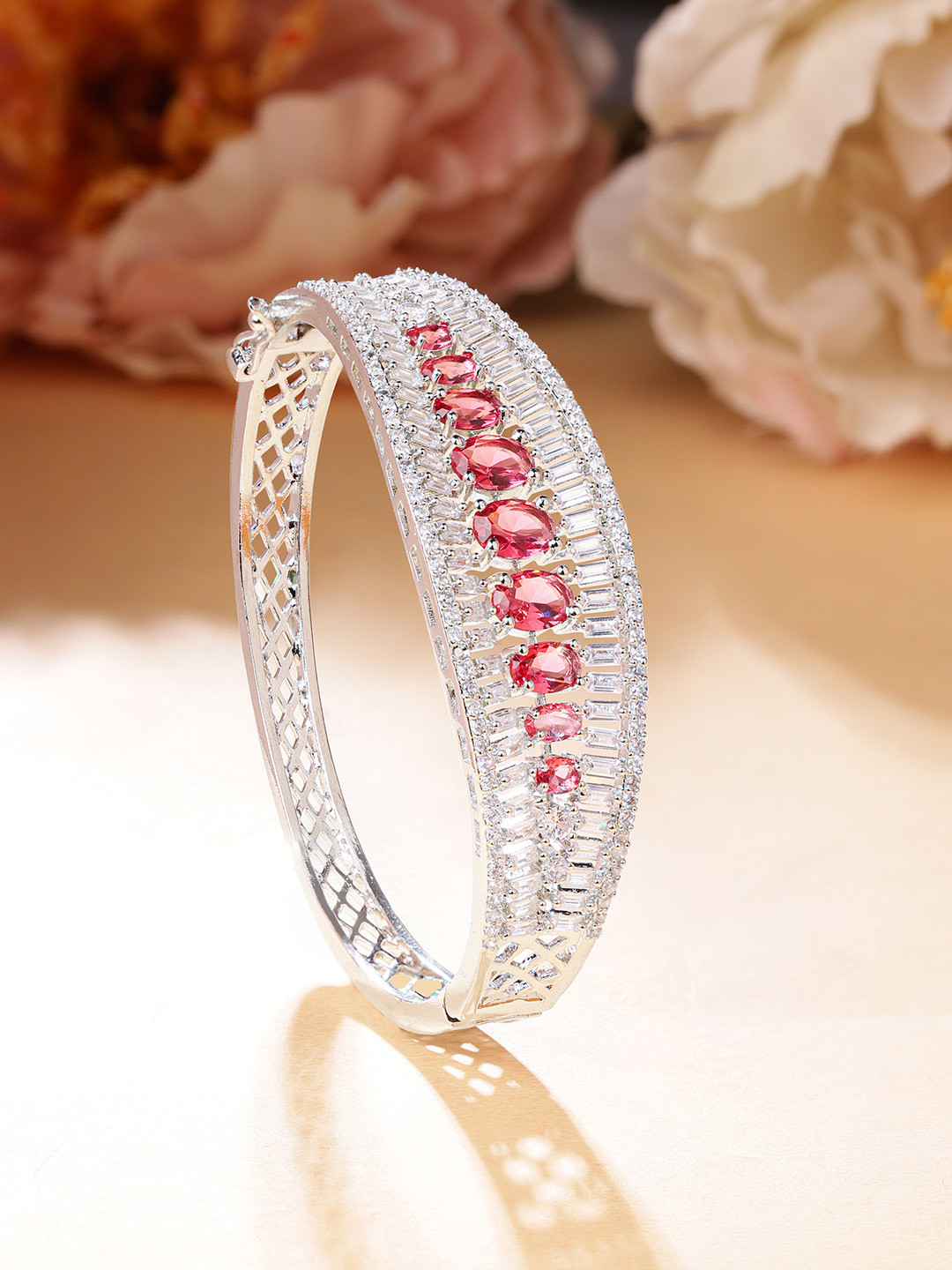 Rubans Rhodium Plated Ruby Red & Cubic Zirconia Studded Openable Premium Bracelet ,