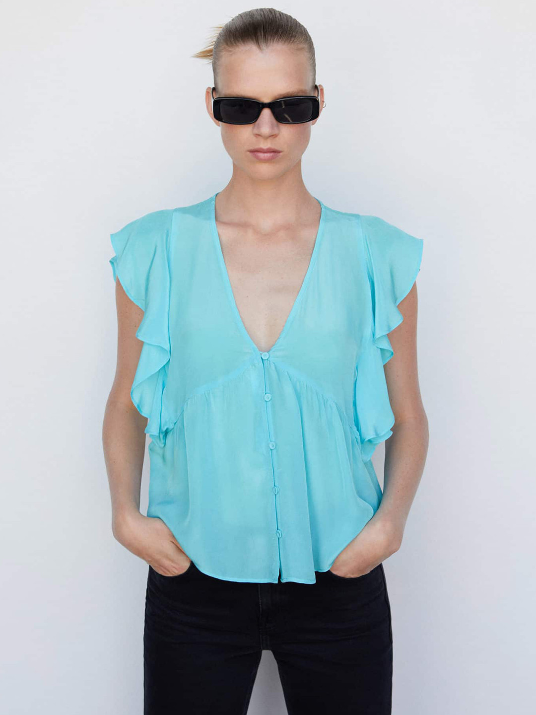 MANGO V-Neck Flutter Sleeve Top