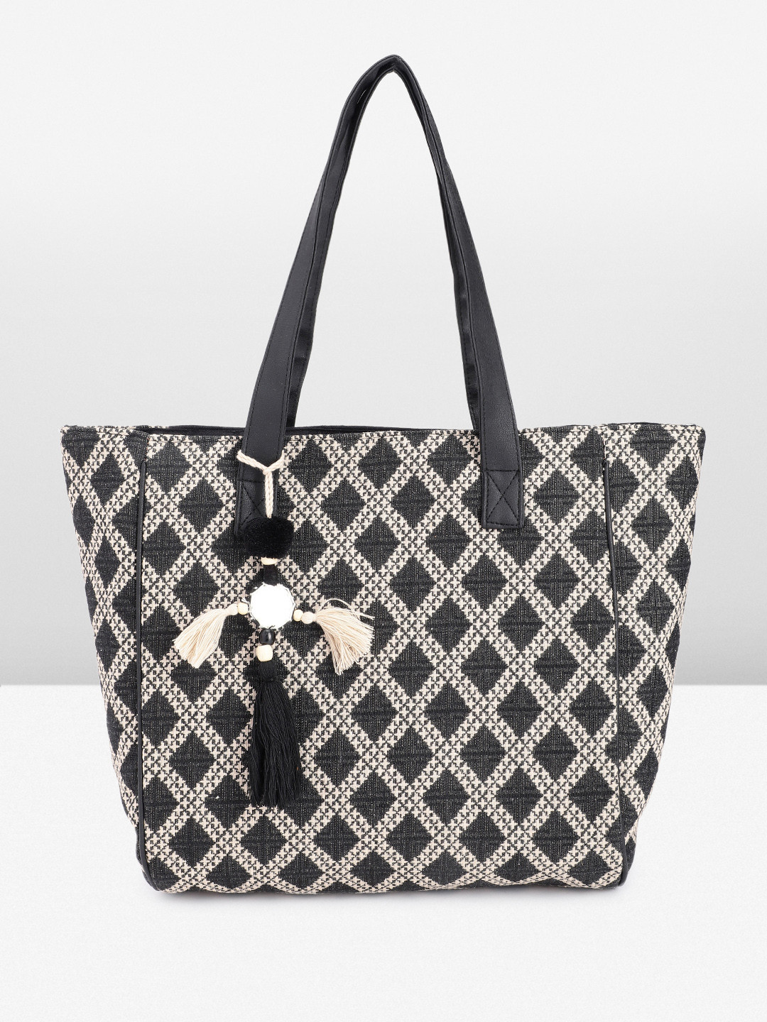 Anouk Checked Oversized Structured Tasselled Tote Bag