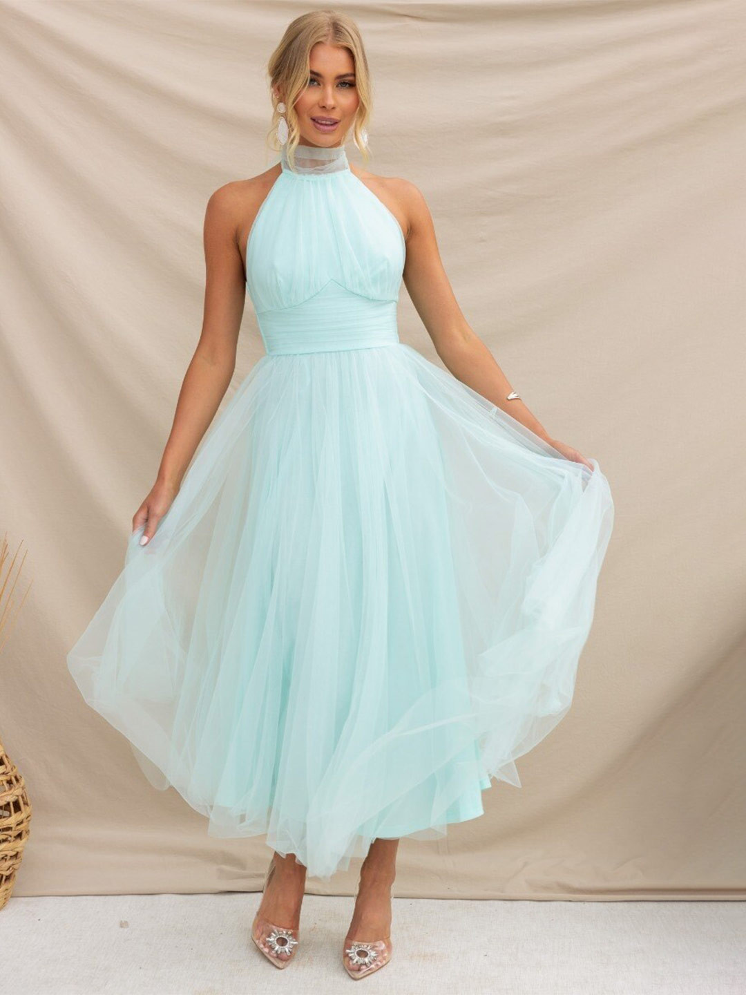 StyleCast Blue Halter Neck Tulle Empire Dress
