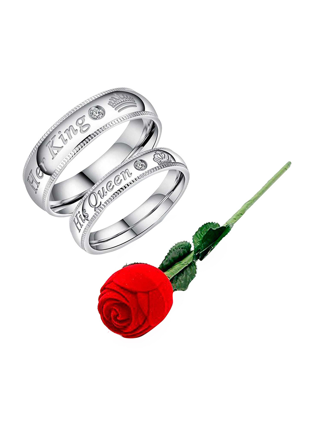 MEENAZ Silver-Plated AD-Studded Couple Ring With Red-Rose