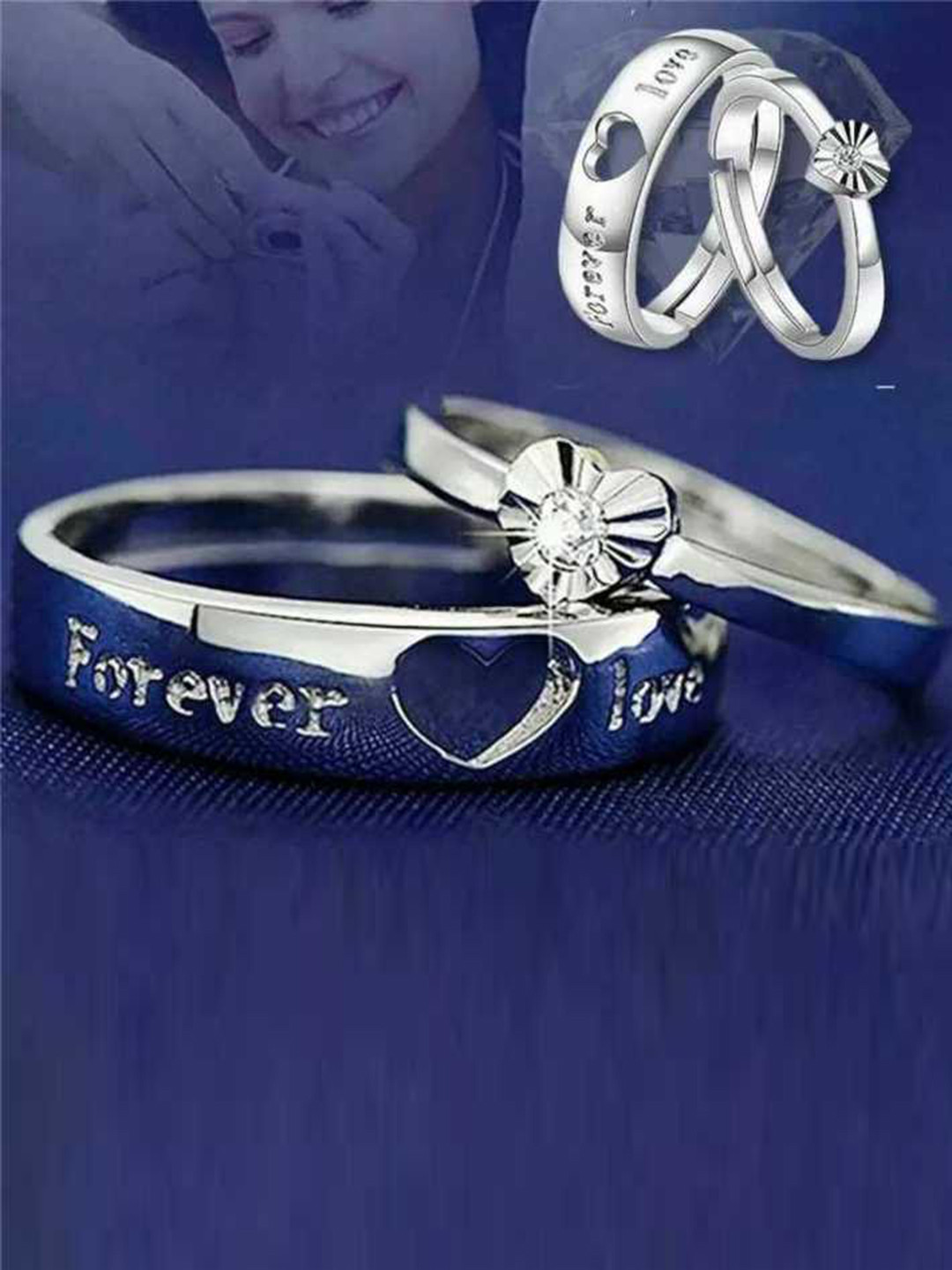 MEENAZ Set Of 2 Silver-Plated & AD Studded Couple Rings With Rose