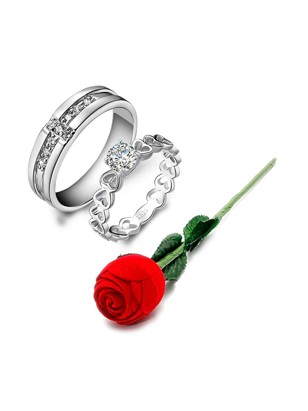MEENAZ Set Of 2 Silver-Plated & AD Studded Couple Rings With Rose