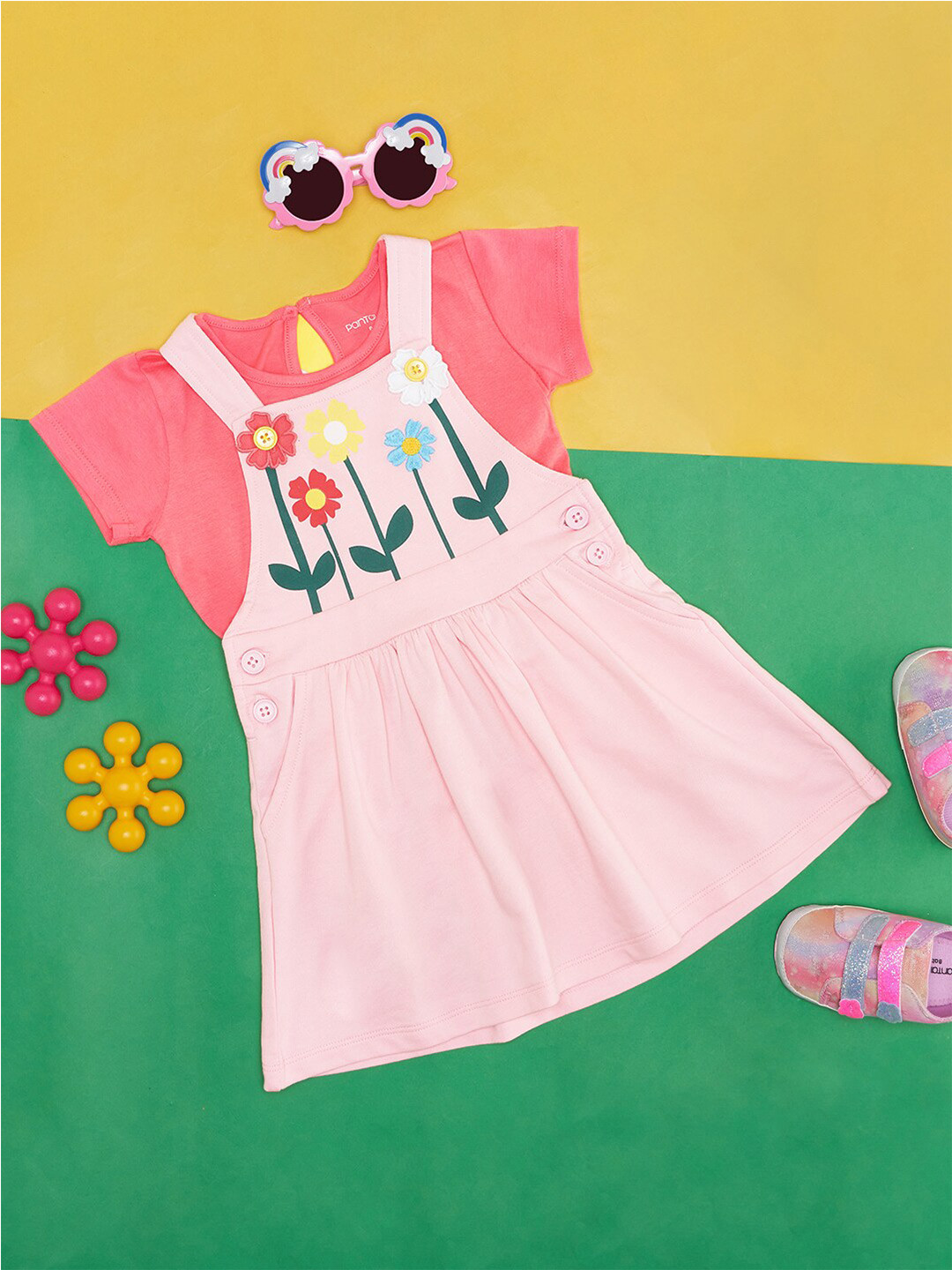 Pantaloons Baby Infants Girls Printed Dungaree Comes With A T-shirt