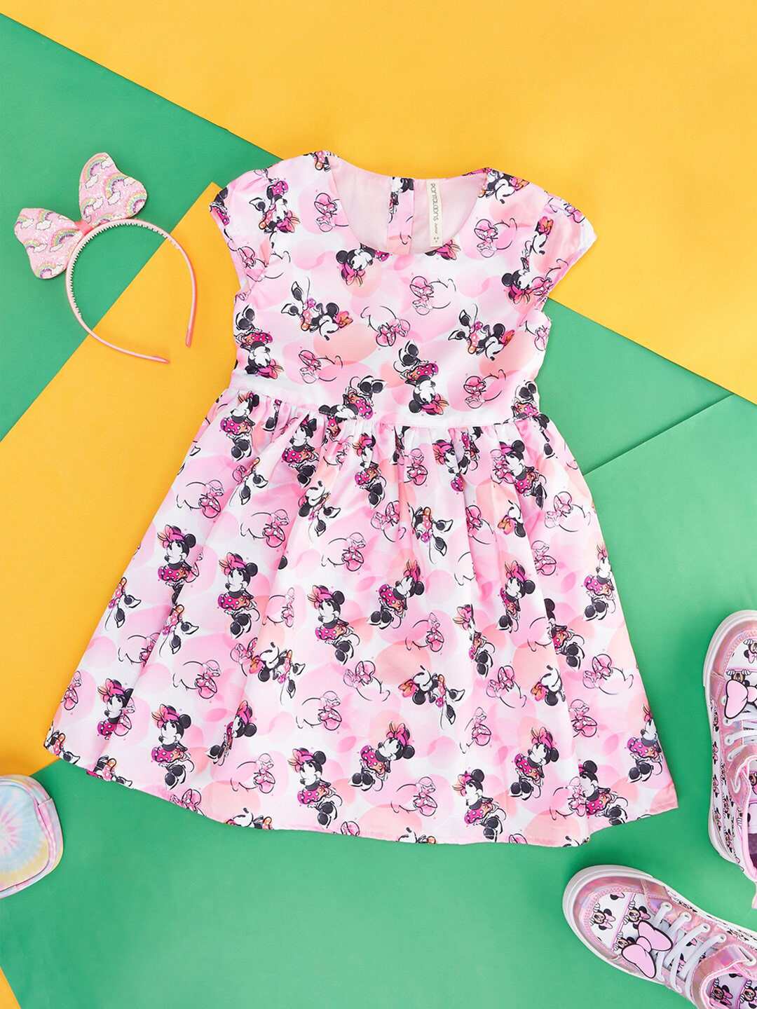 Pantaloons Junior Girls Minnie Mouse Printed Cap Sleeves Cotton Fit & Flare Dress