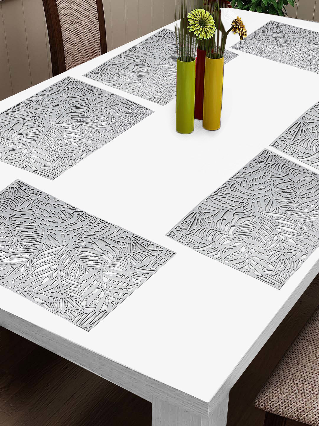 FABINALIV Silver Toned 6 Pieces Floral Textured Table Placemats