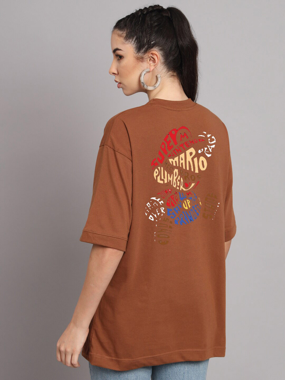 Imsa Moda Coffee Brown Typography Printed Oversized Longline Cotton T-shirt