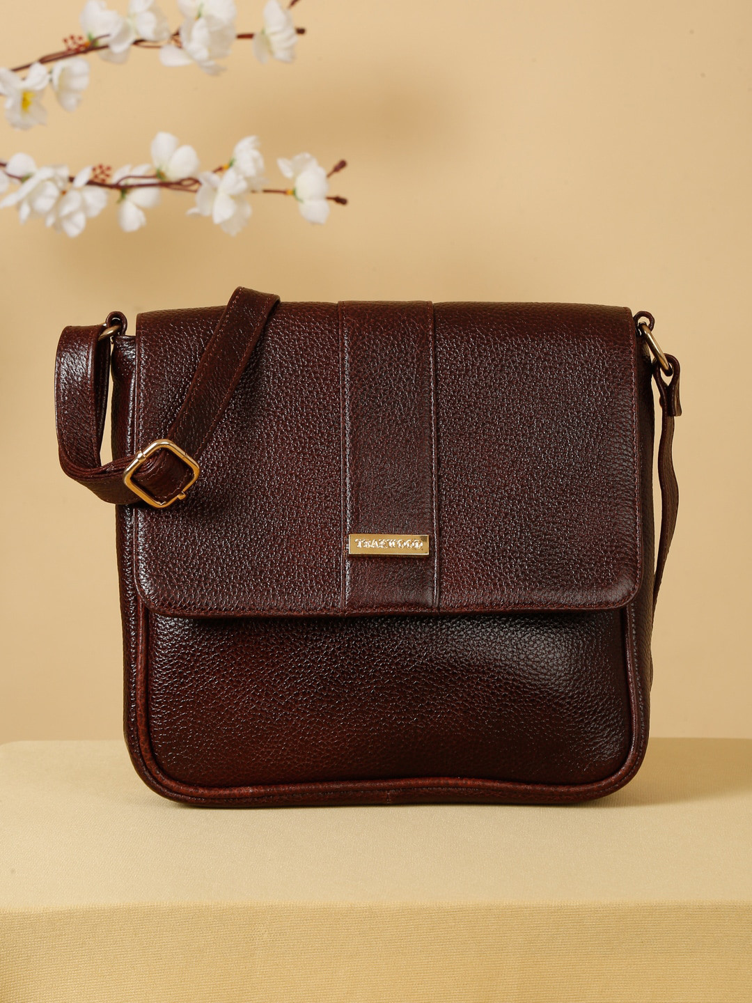 Teakwood Leathers Leather Structured Sling Bag with Cut Work
