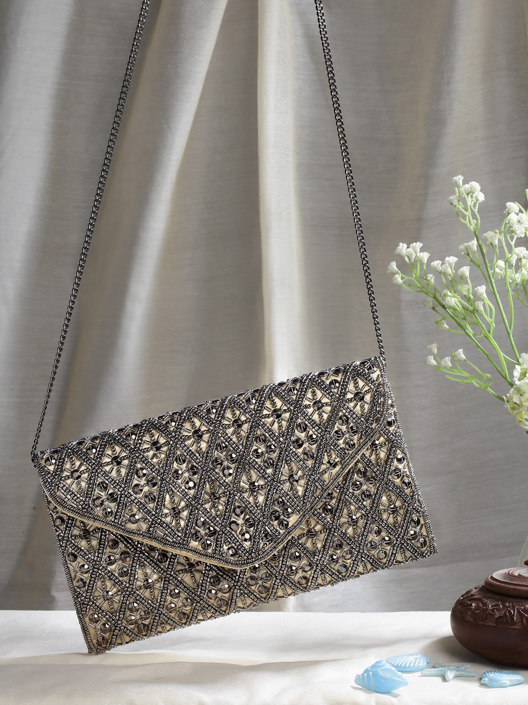 Anekaant Beads & Sequines Embellished Satin Sling Bag
