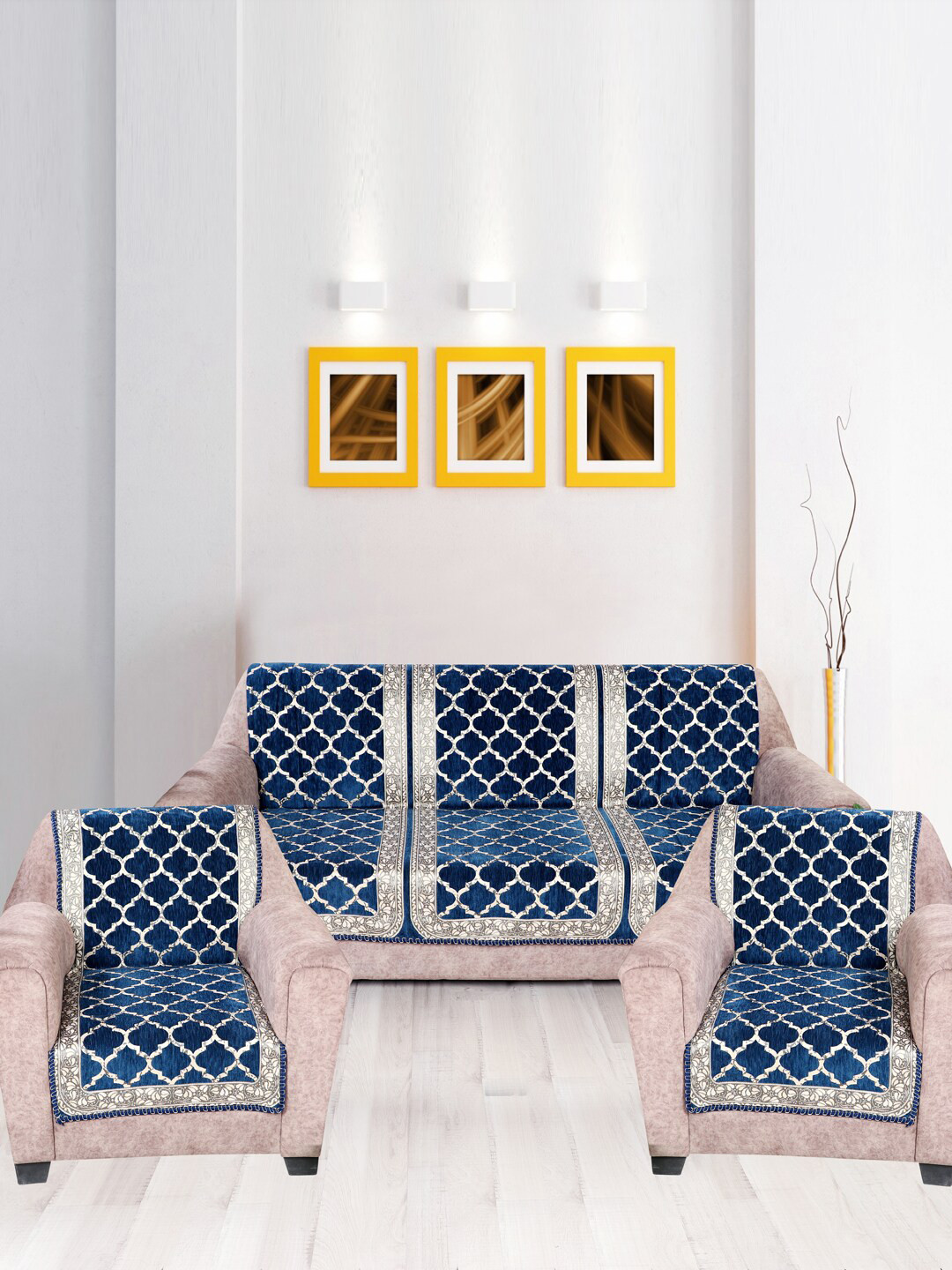 Nendle Blue Velvet Patterned 5-Seater Sofa Covers