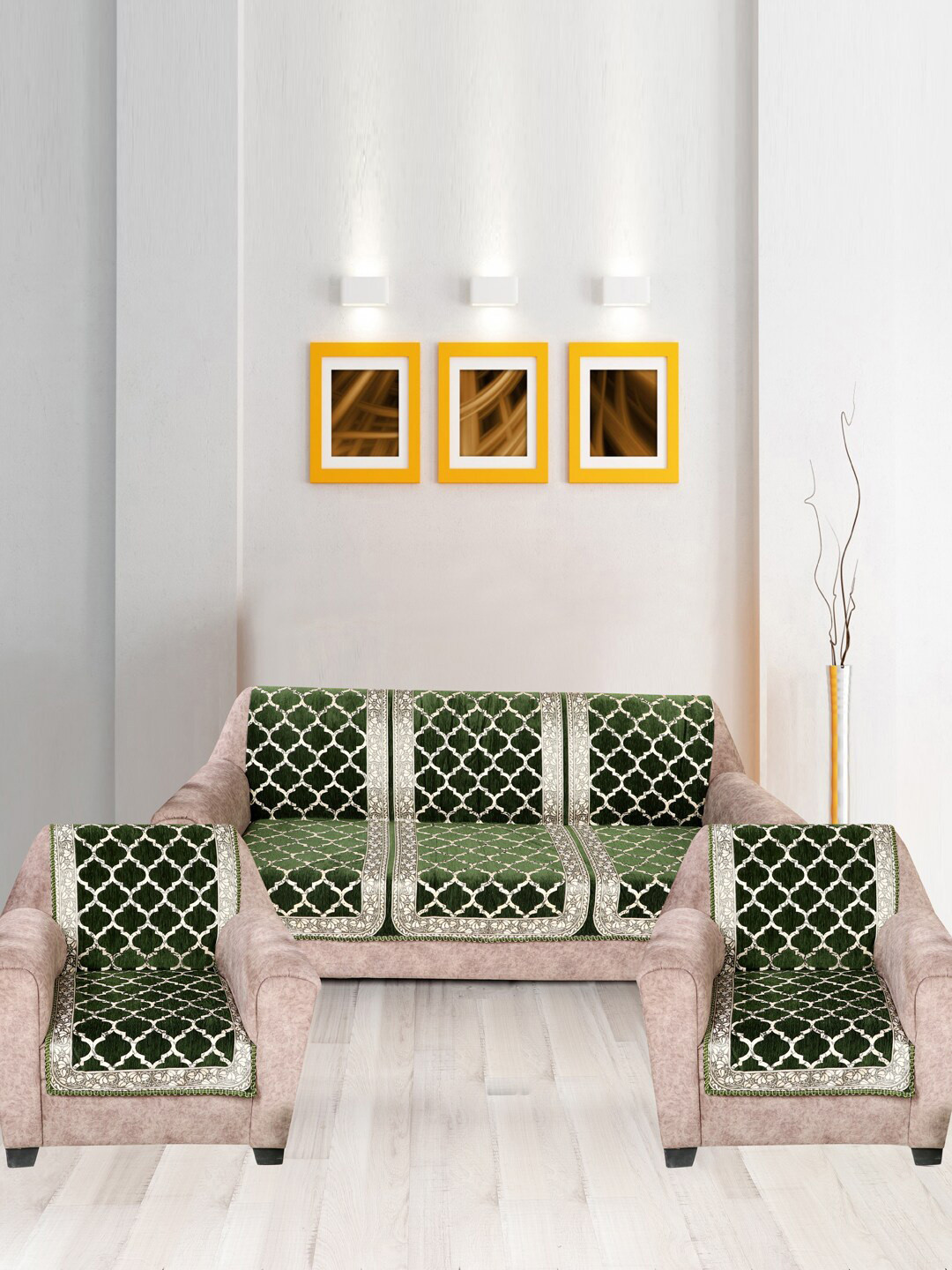 Nendle Green Velvet Ethnic Motif Printed 5 Seater Sofa Covers