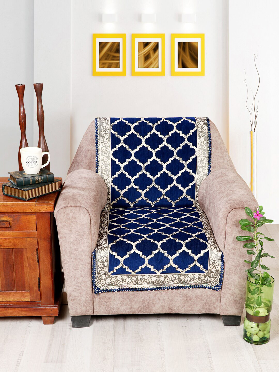 Nendle Navy Blue Damask Printed Velvet 5 Seater Sofa Covers