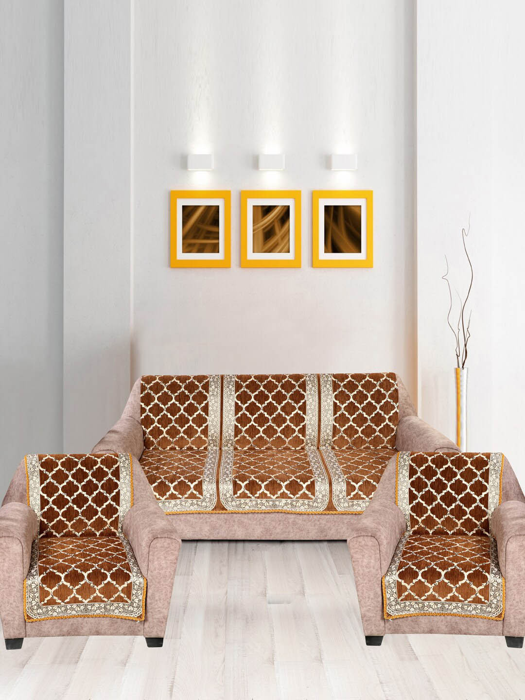 Nendle Brown Velvet Damask Printed 5 Seater Sofa Covers