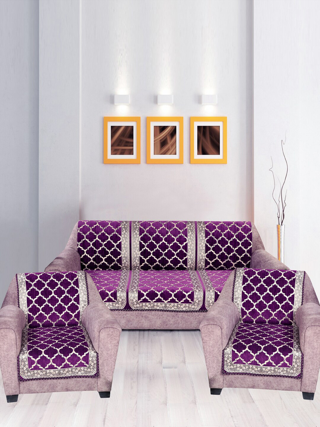 Nendle Purple Damask Printed Velvet 5 Seater Sofa Covers