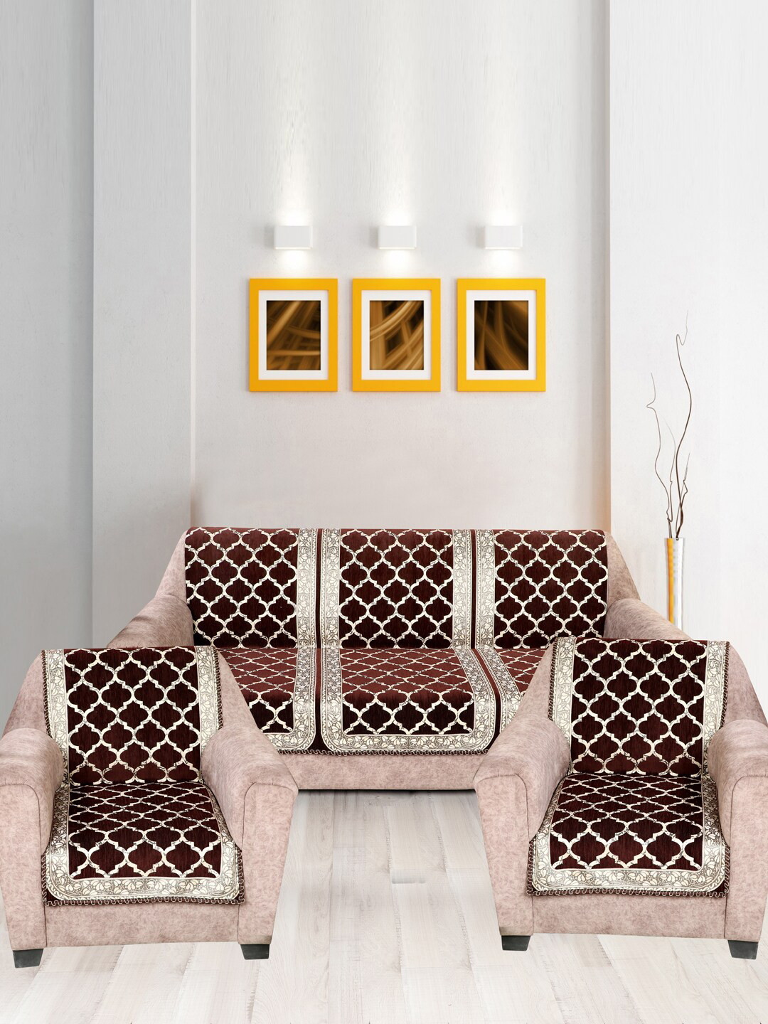 Nendle Brown Damask Printed Velvet 5 Seater Sofa Covers