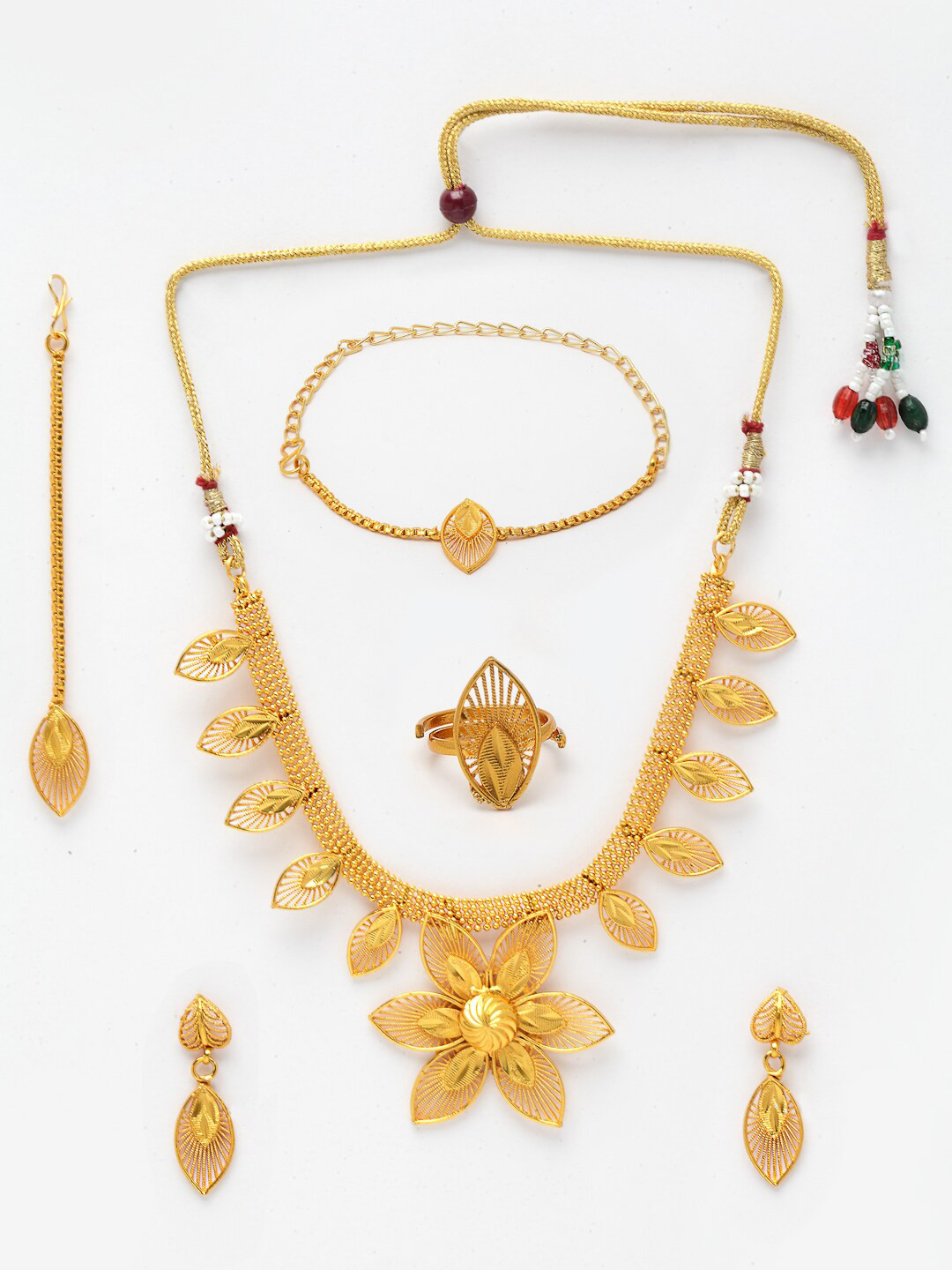 Anouk 24KT Gold-Plated Floral Rani Jewellery Set With Maang Tikka & Bracelet