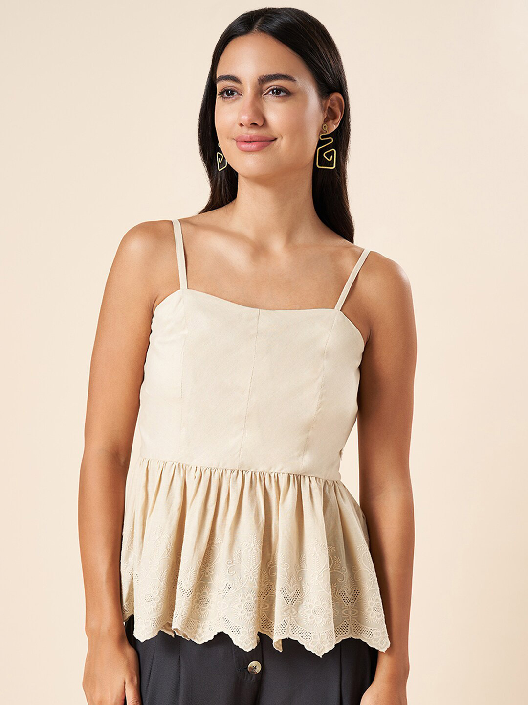 AKKRITI BY PANTALOONS Beige Cotton Peplum Top