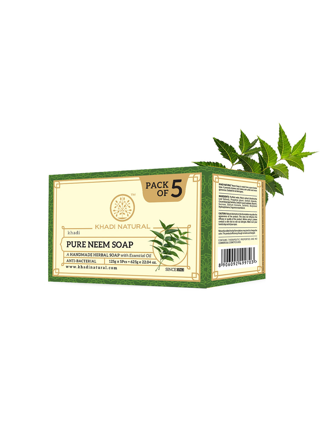 Khadi Natural Set of 5 Pure Neem Herbal Soap With Essential Oils - 125 g each