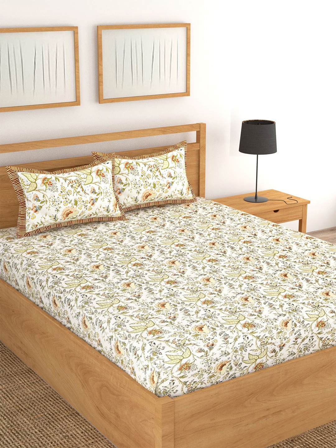 Lali Prints Designer Brown Floral Cotton 250 TC King Fine Bedsheet with 2 Pillow Covers-100 x 108 inches