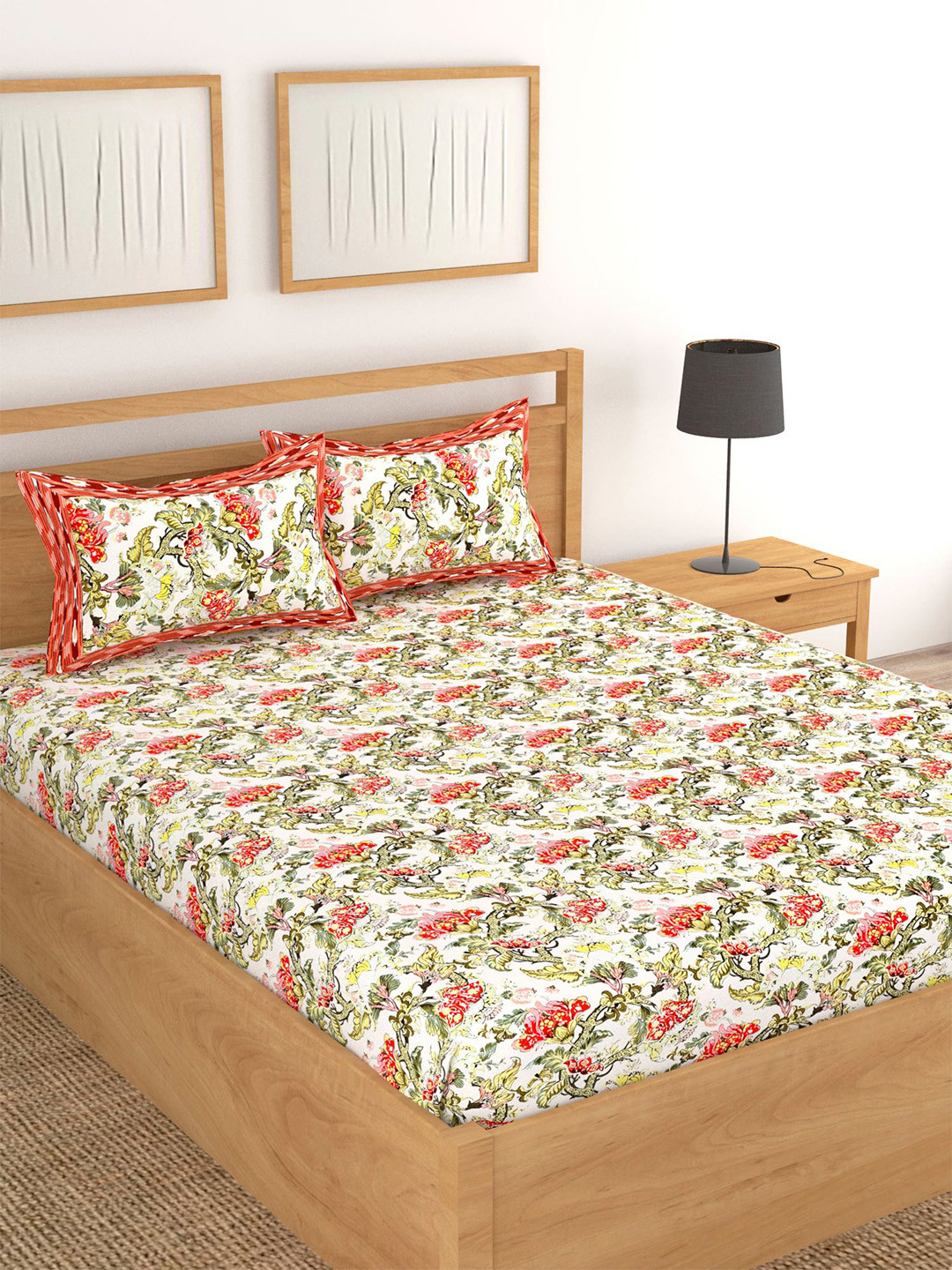 Lali Prints Off White Floral Cotton 250 TC King Fine Bedsheet with 2 Pillow Covers-254 x 275 cm