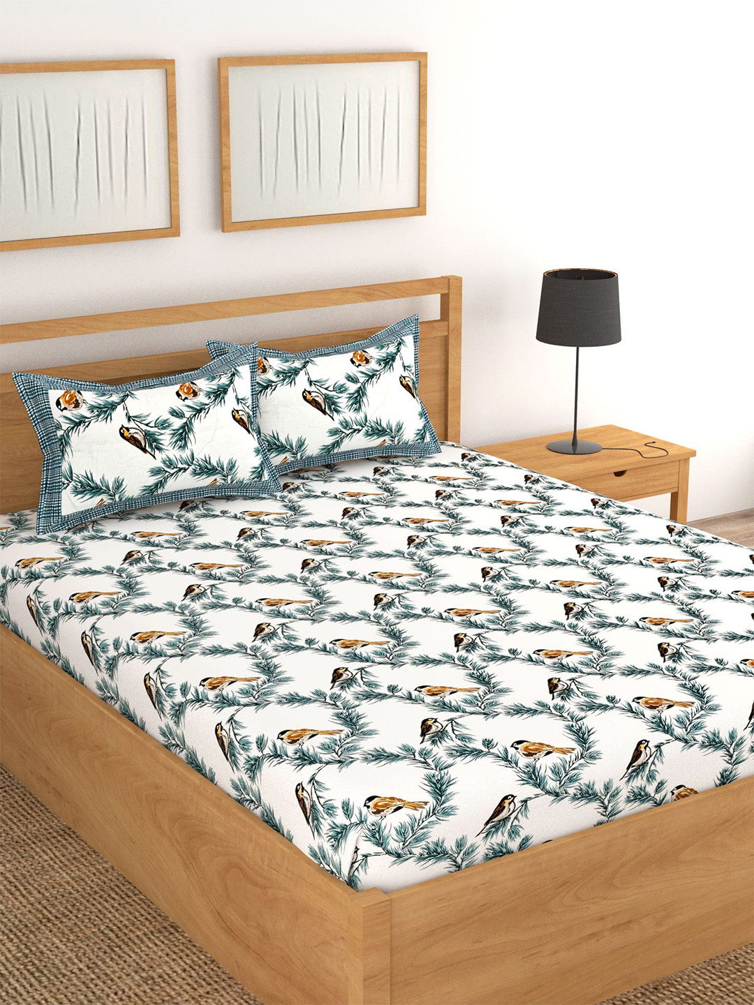 Lali Prints White Graphic Cotton 250 TC King Fine Bedsheet with 2 Pillow Covers-236 x 275 cm