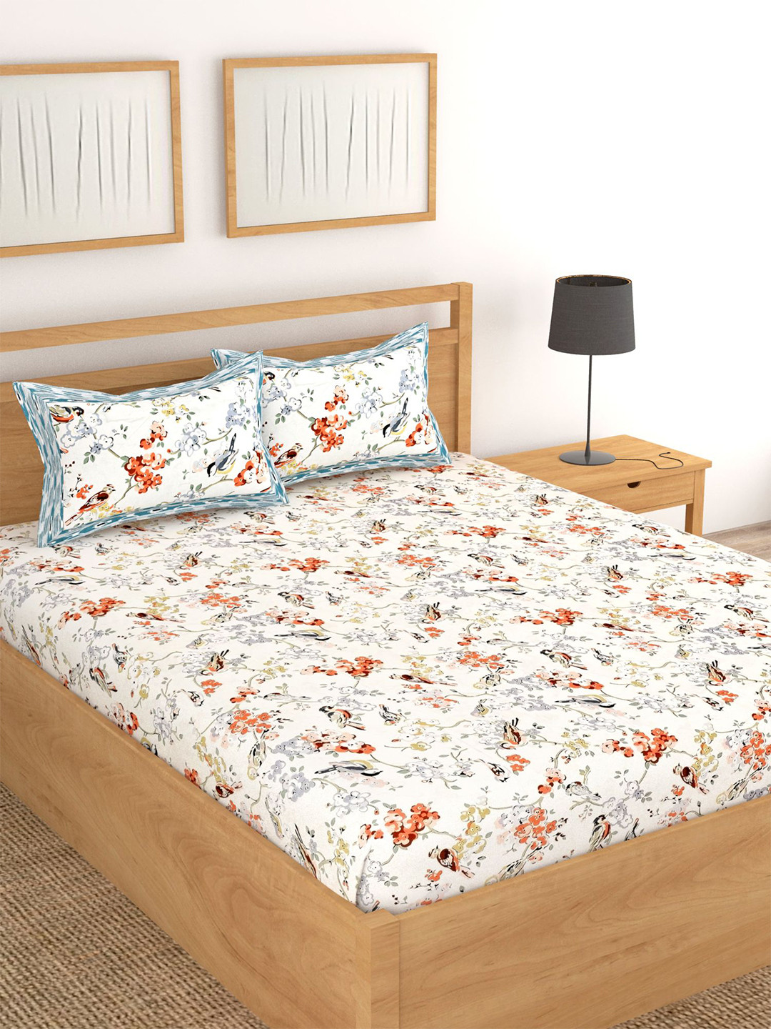 Lali Prints Designer White Floral Cotton 250 TC King Fine Bedsheet with 2 Pillow Covers-100 x 108 inches