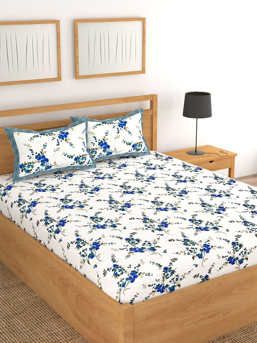 Lali Prints Blue Floral Cotton 250 TC King Fine Bedsheet with 2 Pillow Covers-100 x 108 inches