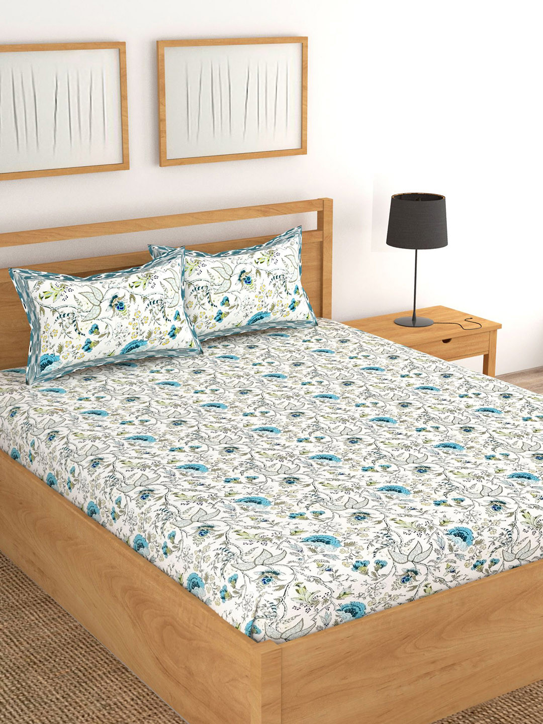 Lali Prints Designer Blue Floral Cotton Breathable 250 TC King Fine Bedsheet with 2 Pillow Covers-93 x 108 inches