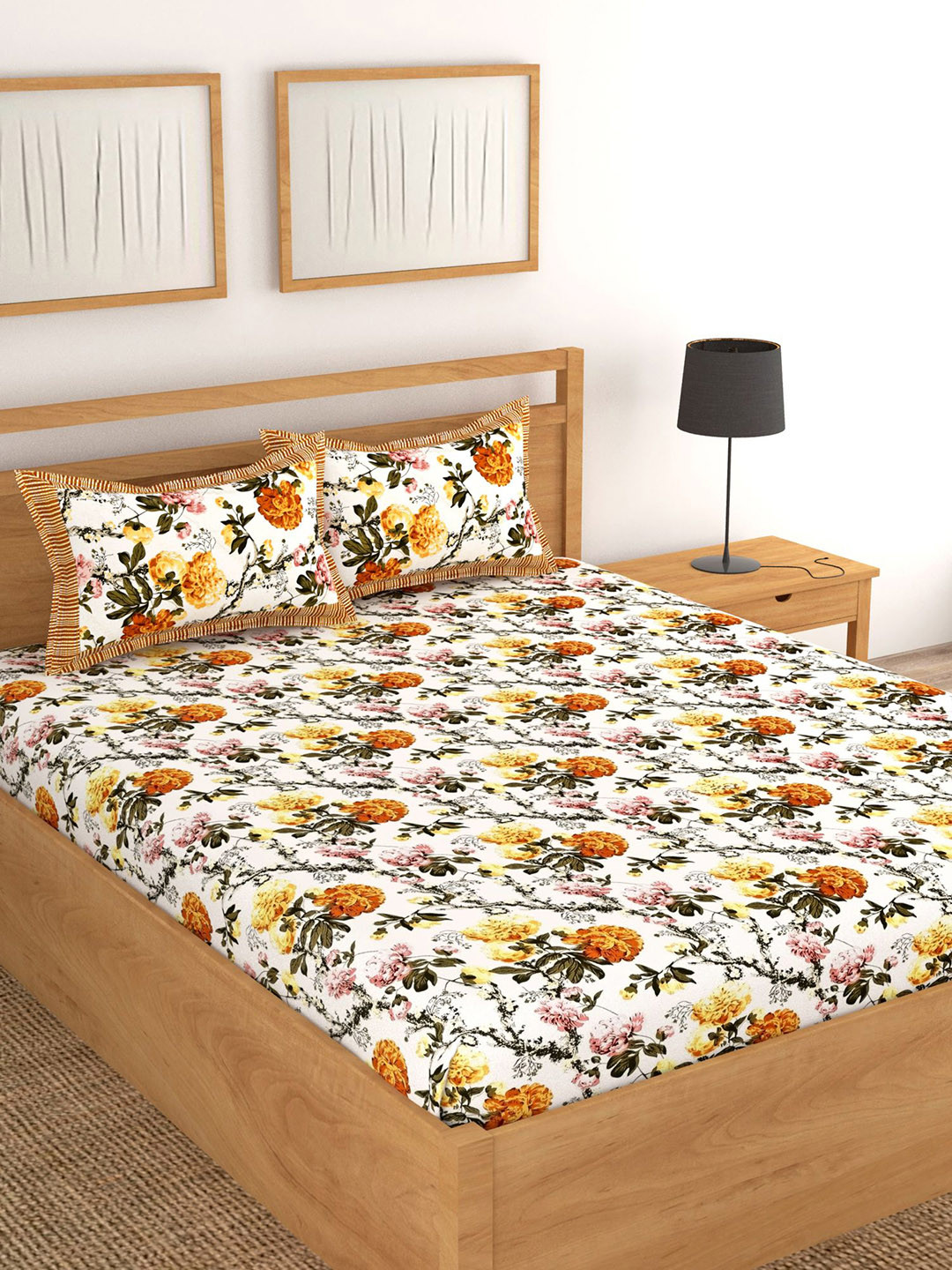 Lali Prints Designer Brown Floral Cotton 250 TC King Fine Bedsheet with 2 Pillow Covers-254 x 275 cm