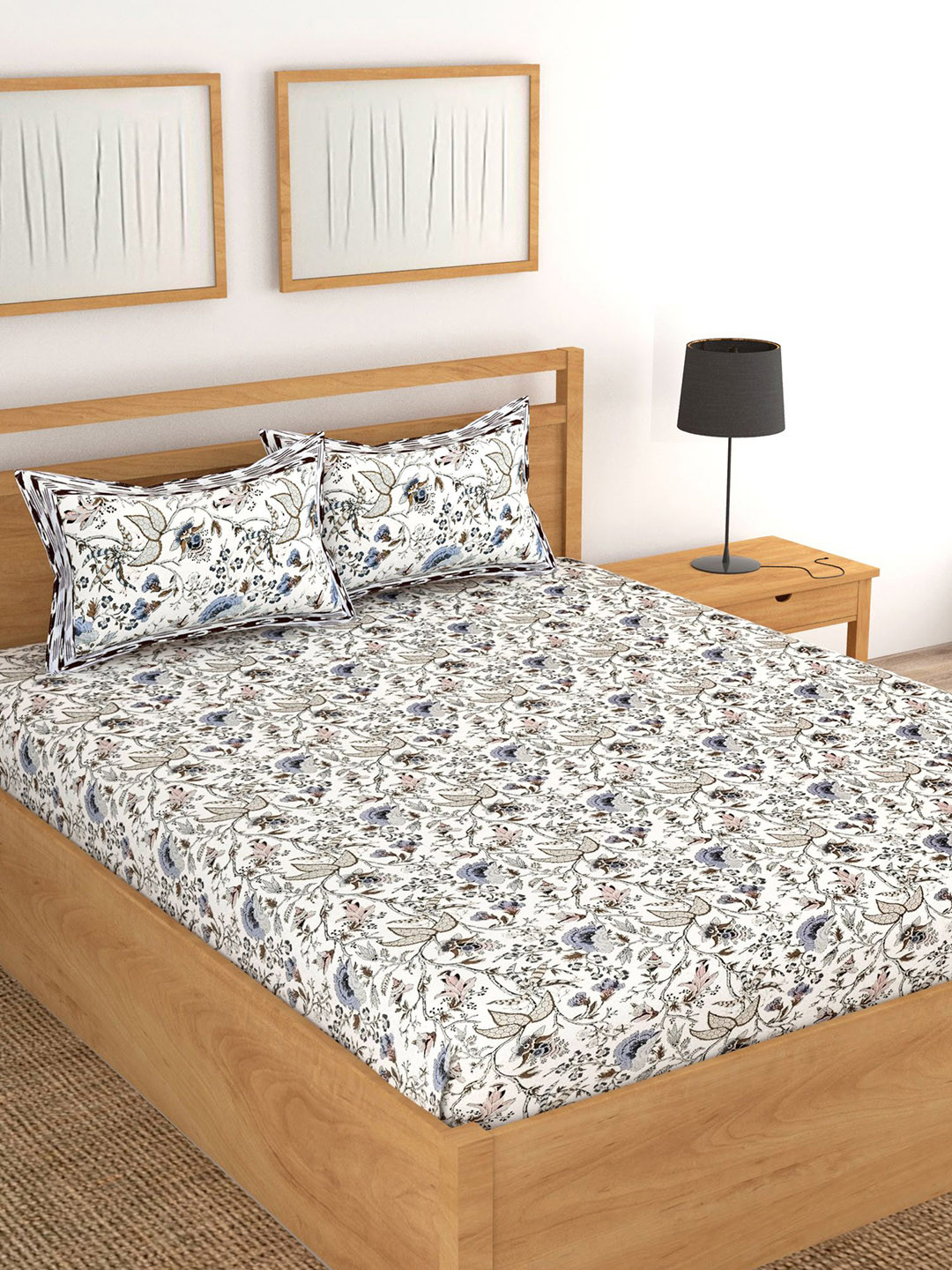 Lali Prints Grey Floral Cotton 250 TC King Fine Bedsheet with 2 Pillow Covers-100 x 108 inches