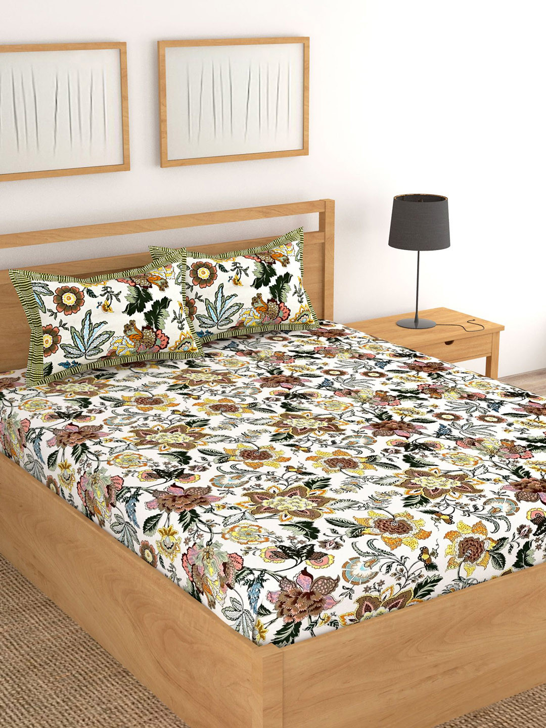 Lali Prints Designer Green Floral Cotton 250 TC King Fine Bedsheet with 2 Pillow Covers-100 x 108 inches