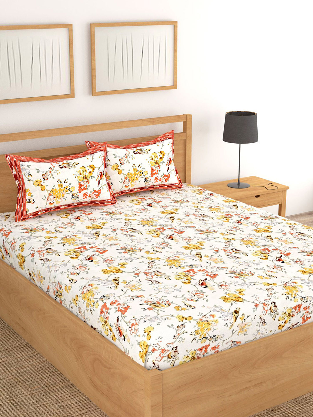 Lali Prints Designer White Floral Cotton 250 TC King Fine Bedsheet with 2 Pillow Covers-100 x 108 inches