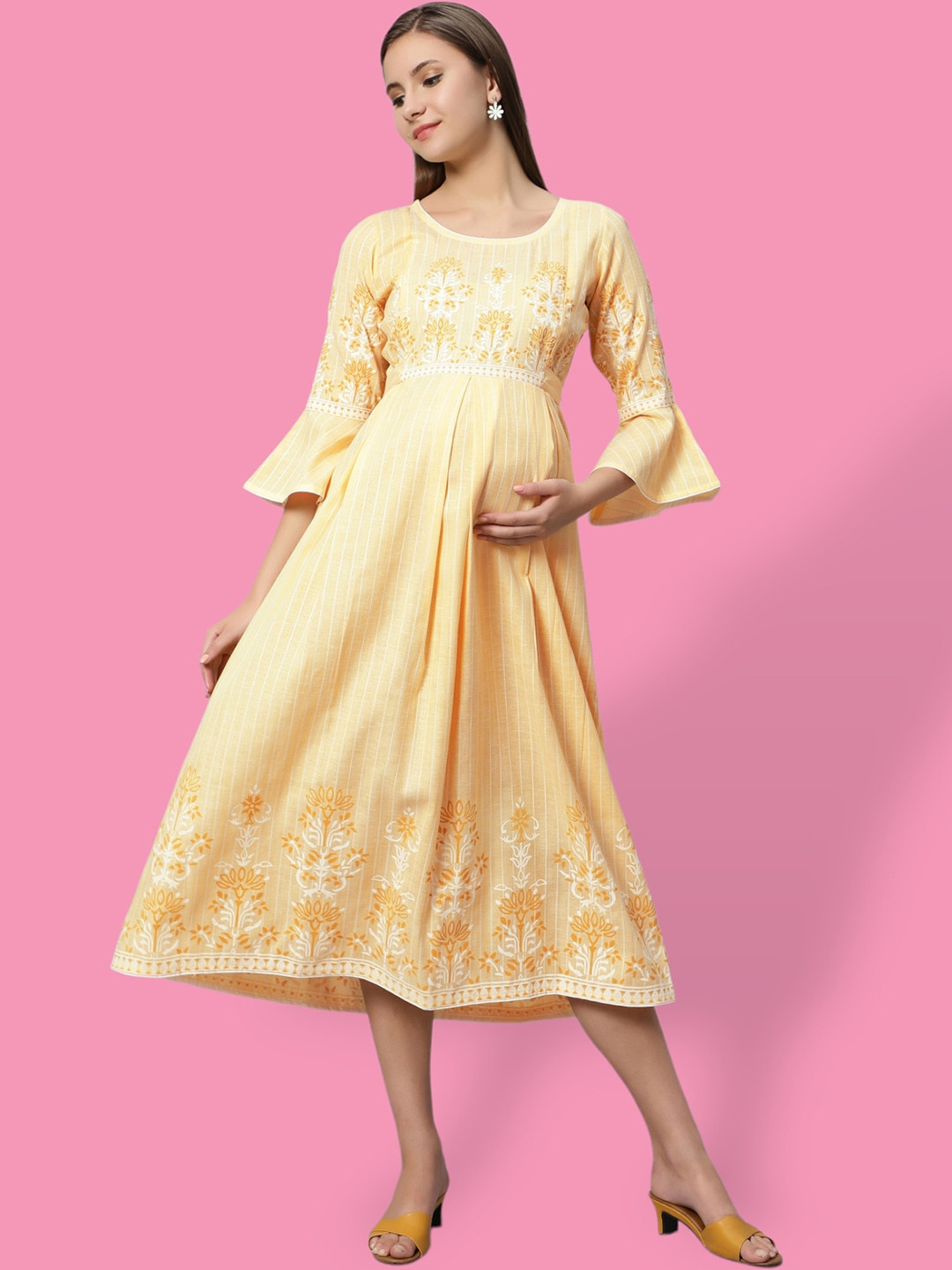 True Shape Printed Maternity Anarkali Kurta with Feeding Zips in Cotton Blend Fabric