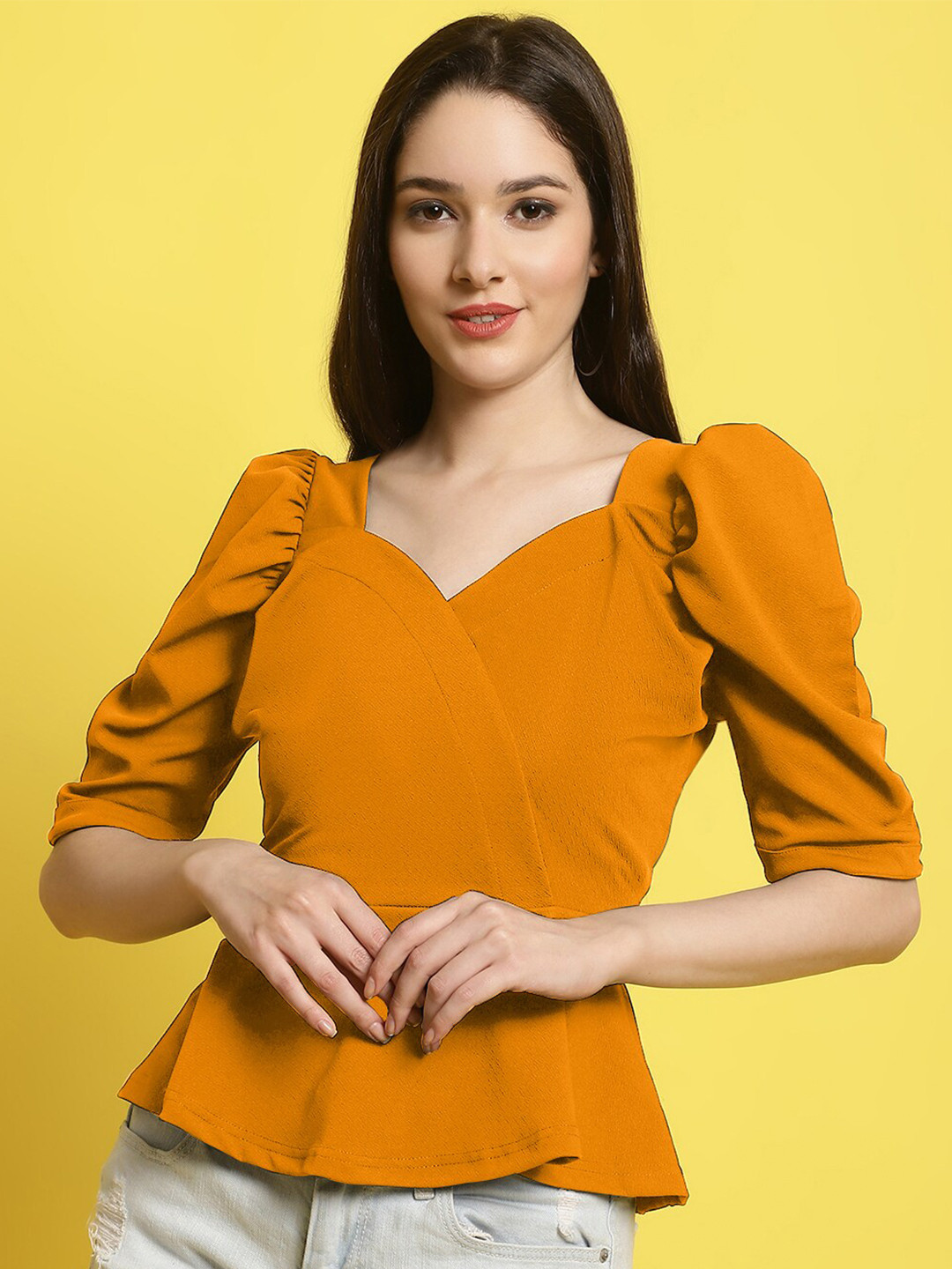 Fabflee Women V-Neck Puff Sleeve Regular Top