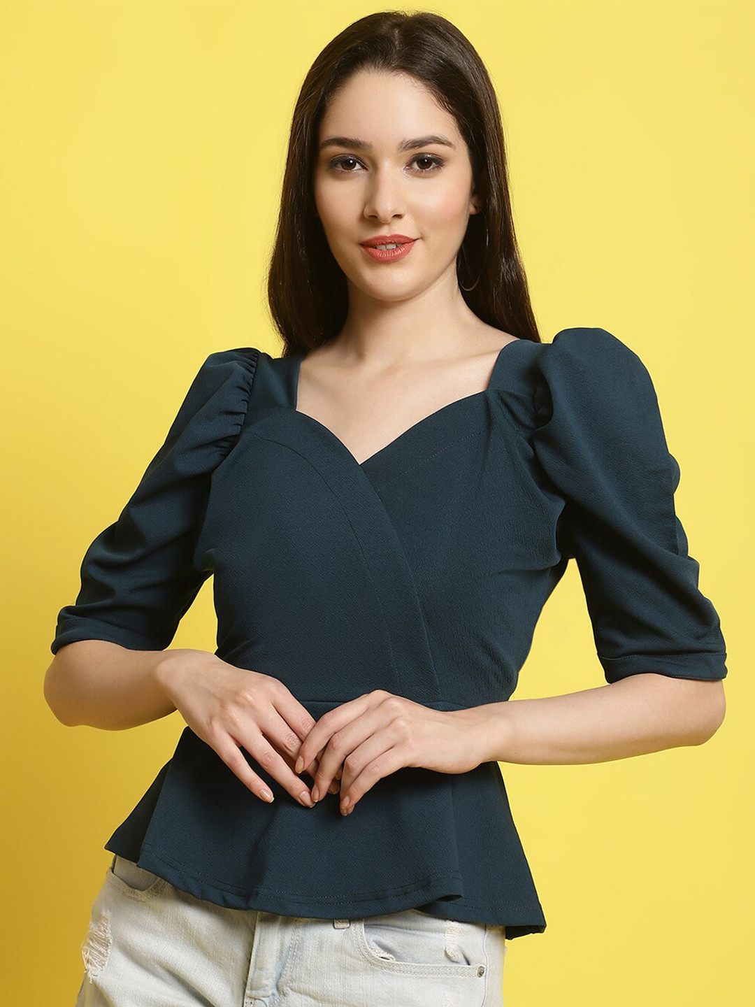 Fabflee Women Sweetheart Puff Sleeve Regular Top
