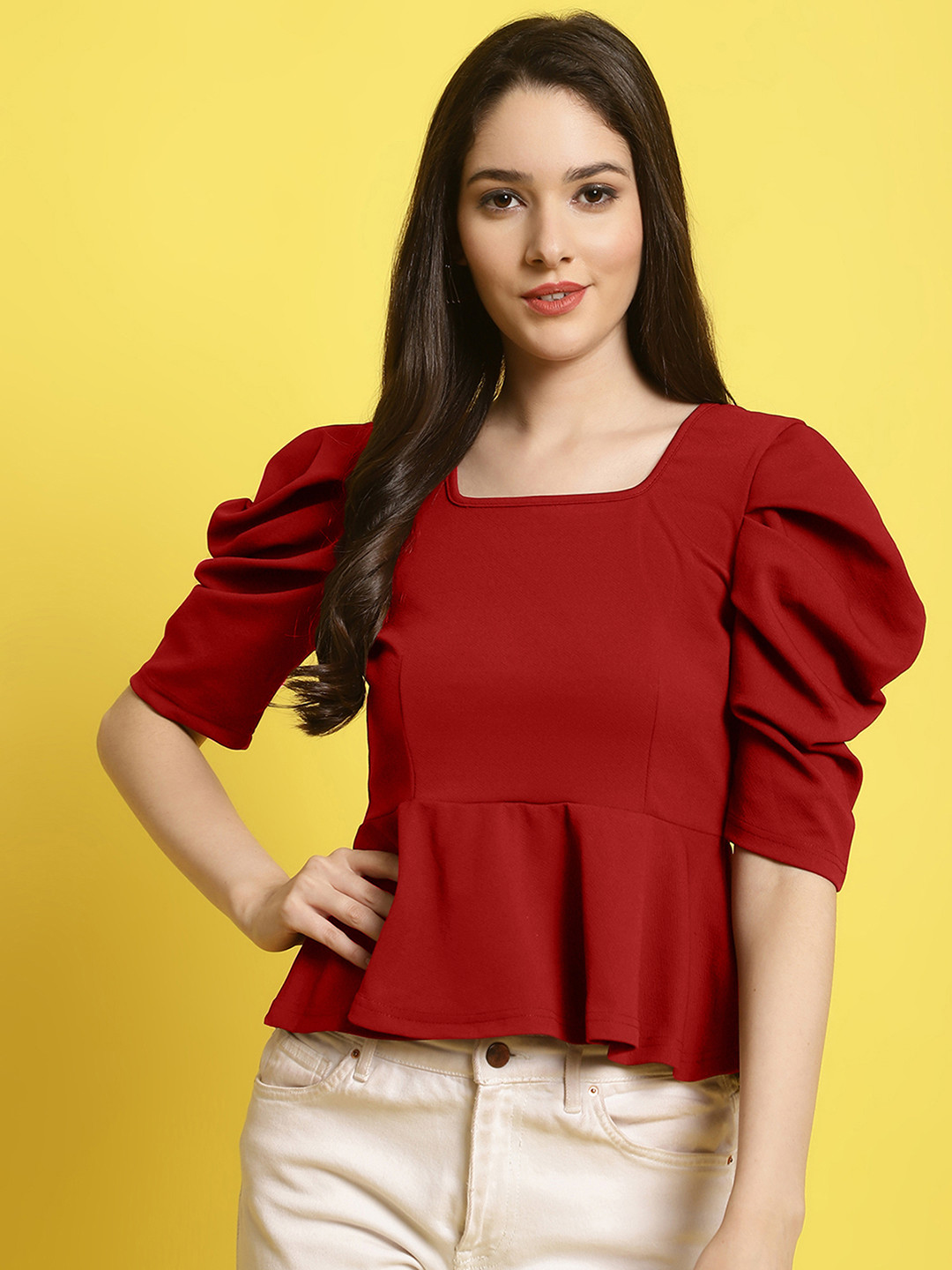 Fabflee Women Square Neck Puff Sleeves Peplum Top