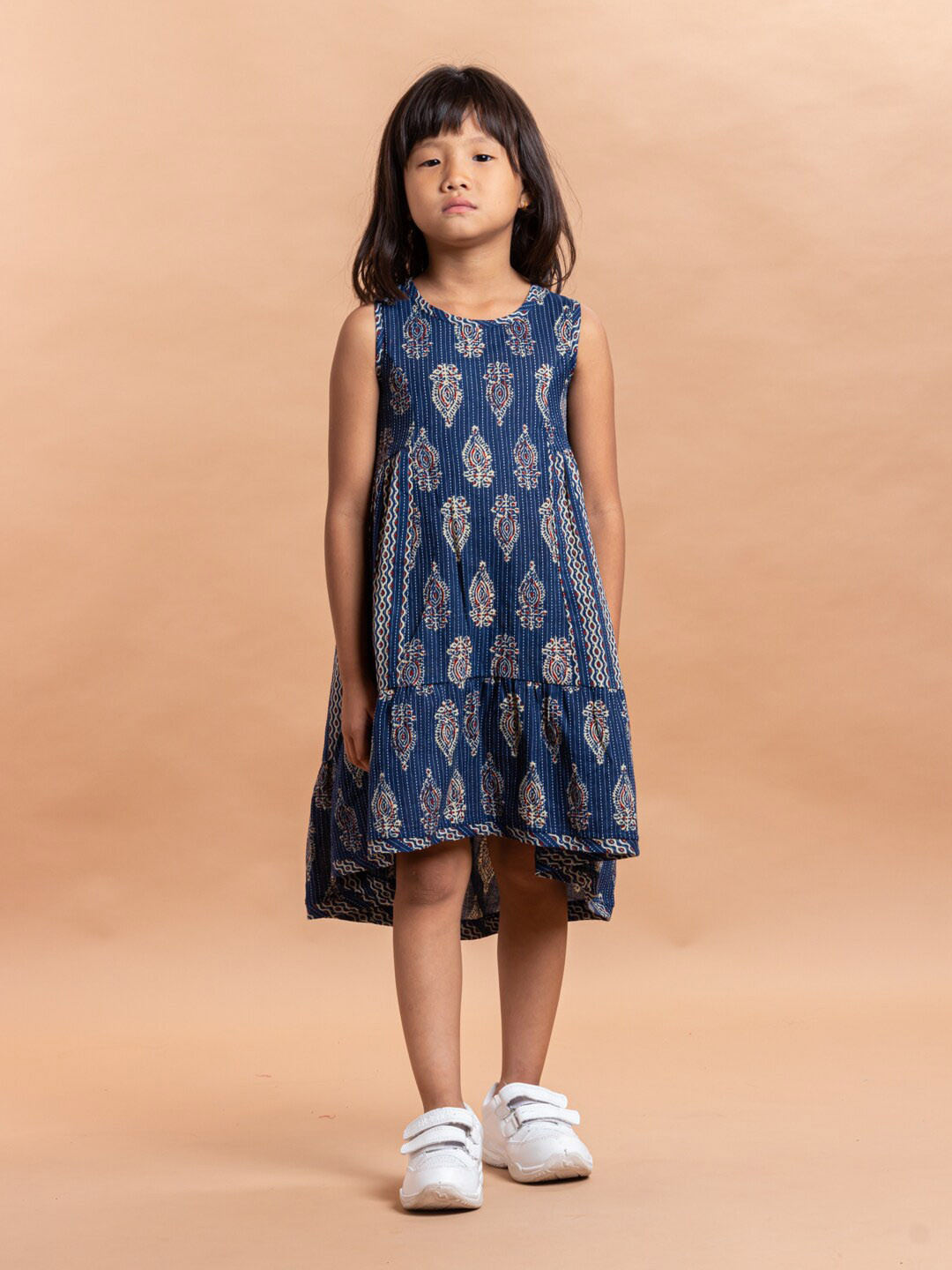Sangria Girls Navy Blue & White Ethnic Motifs Printed Pure Cotton A-Line Dress