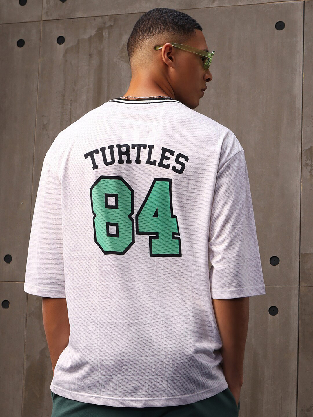 Bewakoof White Varsity Printed Drop Shoulder Sleeves Oversized T-Shirt