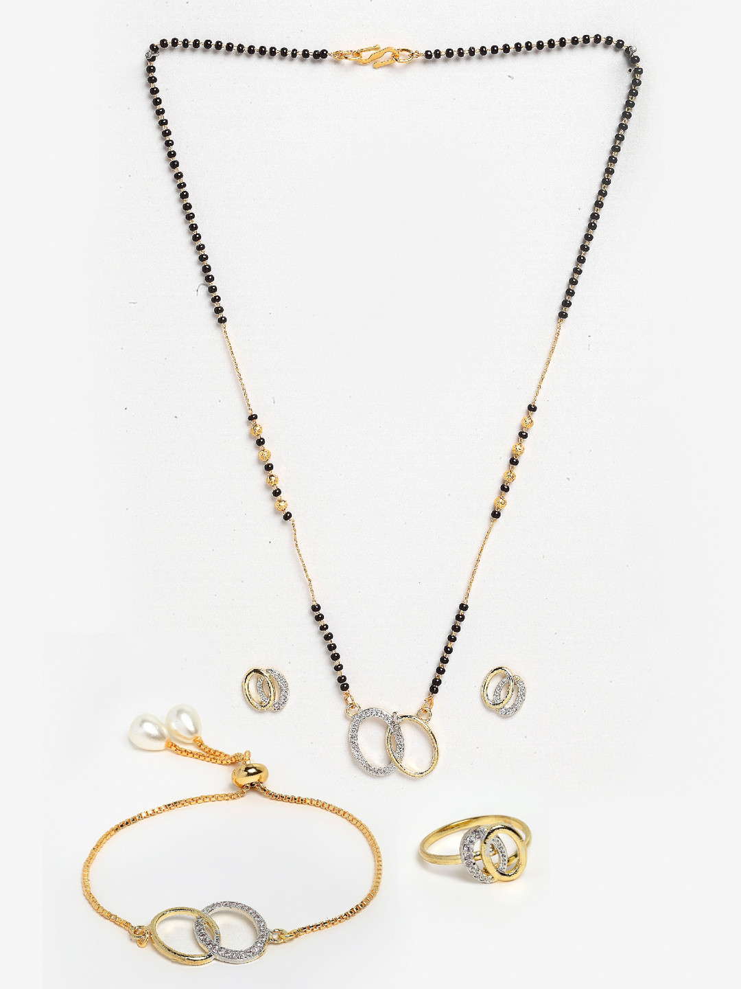 Anouk Gold-Plated Mangalsutra With Golden Chain Bracelet, Ring & Earrings