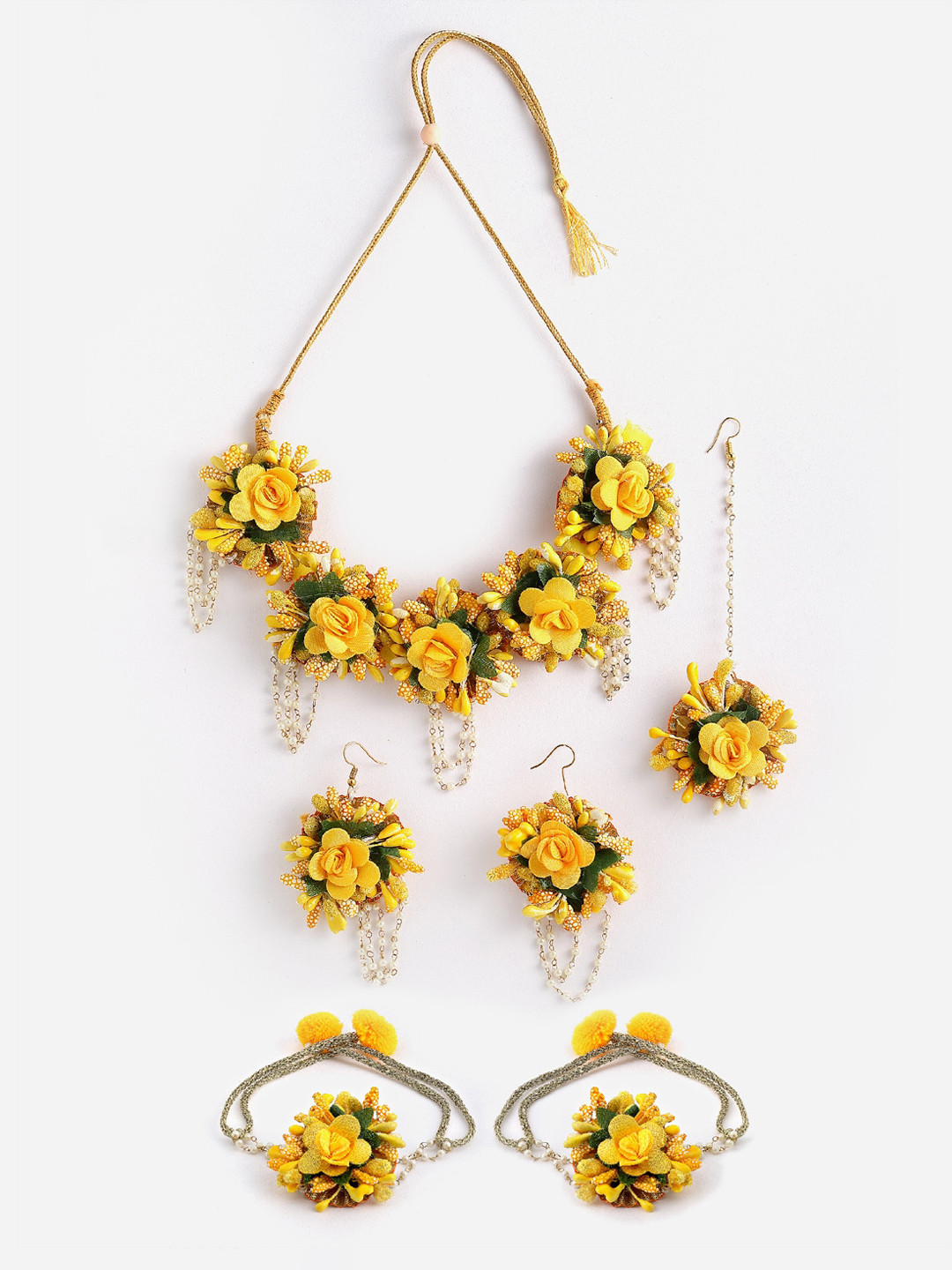 Anouk Gold-Plated Yellow Pearl-Beaded Flower Jewellery Set