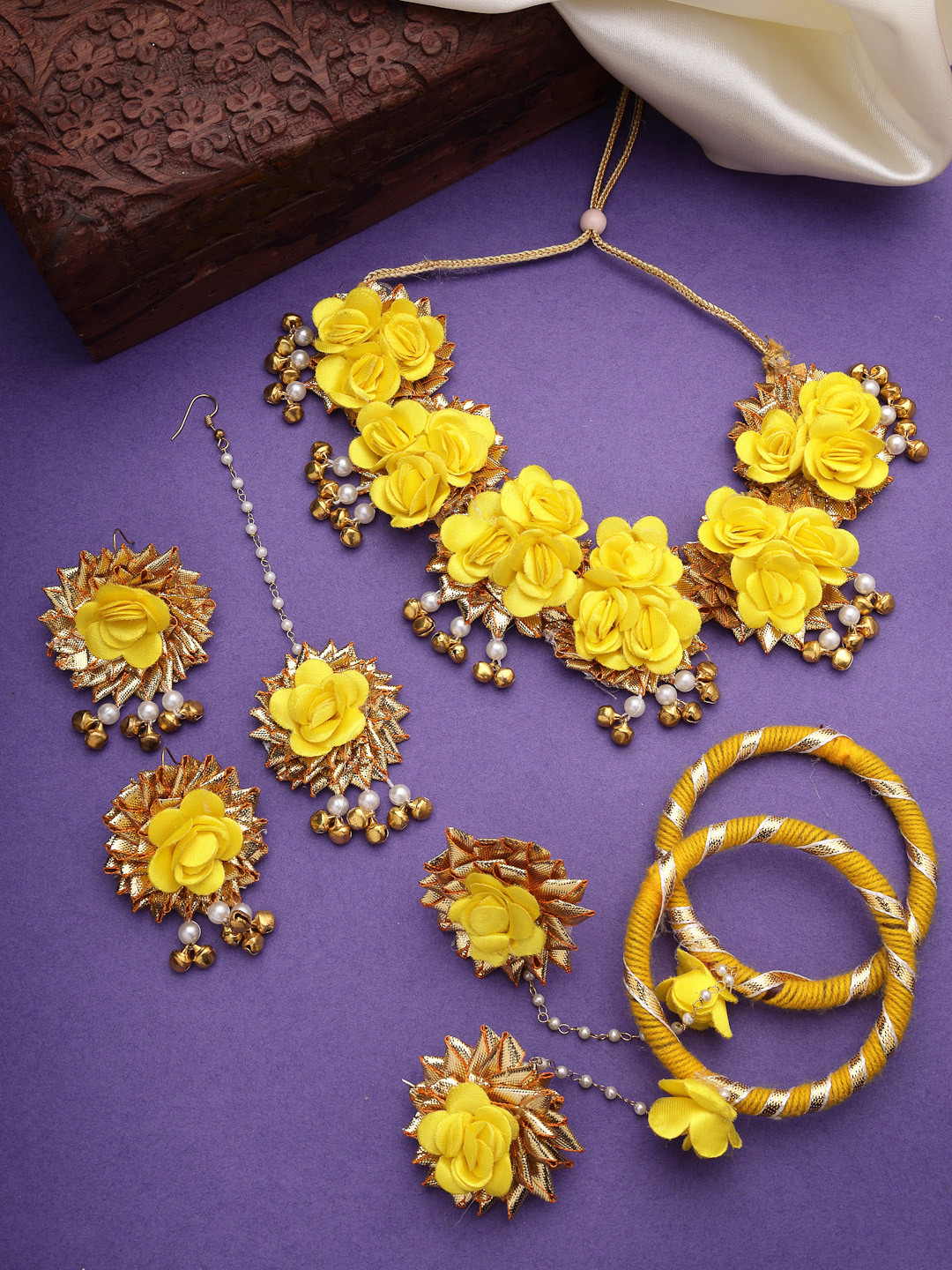 Anouk Gold-Plated Beaded Flower Necklace & Earrings With Maang Tikka & Bracelete