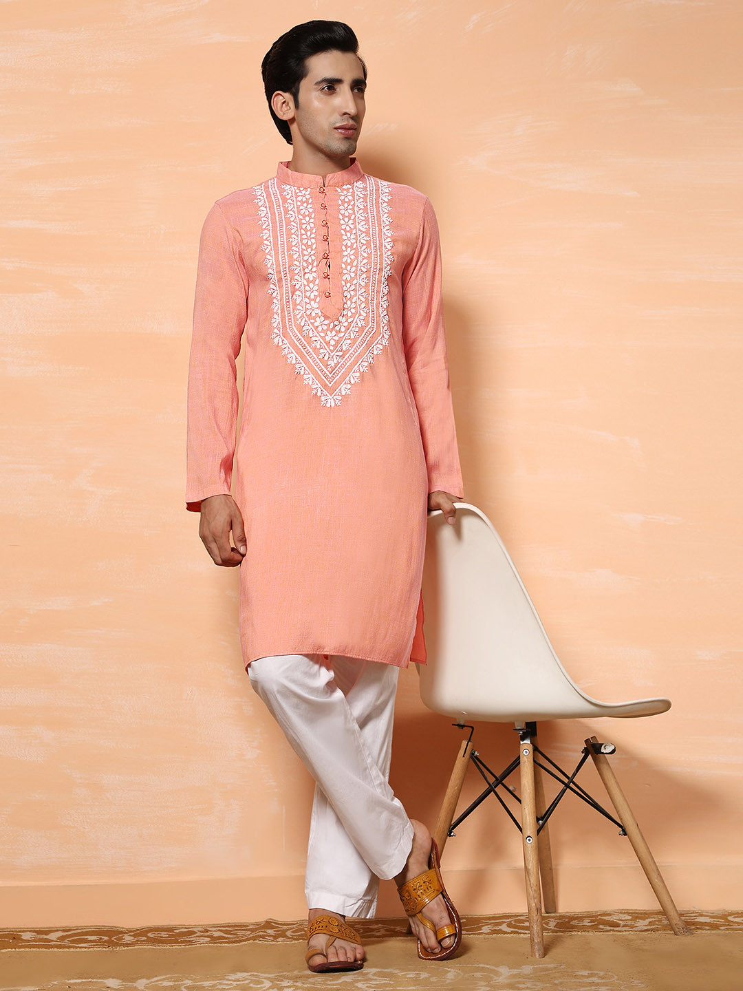 HOUSE OF KARI Mandarin Collar Chikankari Pure Cotton Kurta