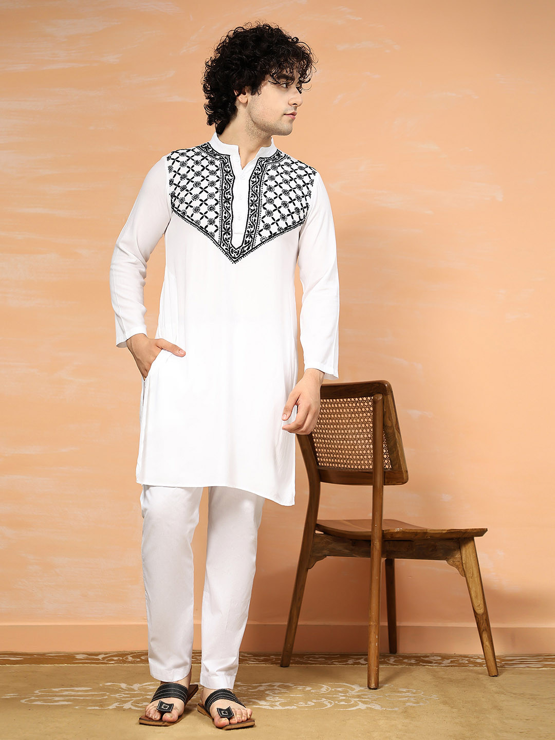 HOUSE OF KARI Mandarin Collar Chikankari Pure Cotton Kurta