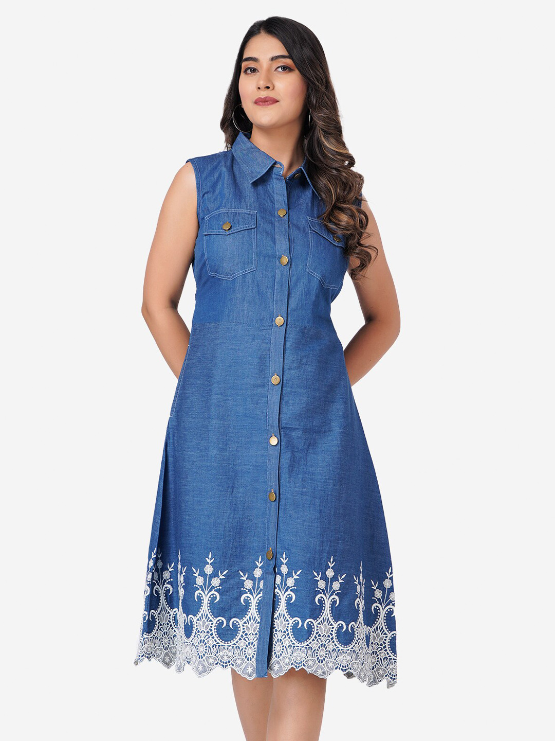 SUMAVI-FASHION Floral Embroidered Shirt Collar Sleeveless Denim Shirt Midi Dress