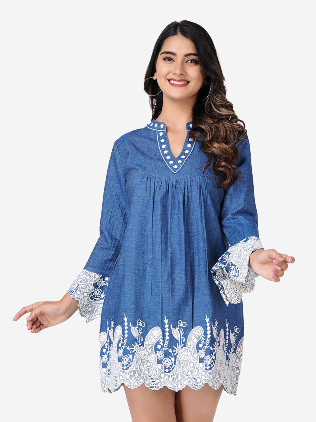 SUMAVI-FASHION Floral Embroidered Mandarin Collar Bell Sleeve Gathered Denim A-Line Dress