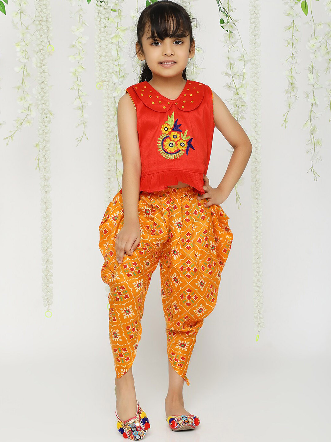 KID1 Girls Mirror Embroidered Work Top With Pattola Print Dhoti